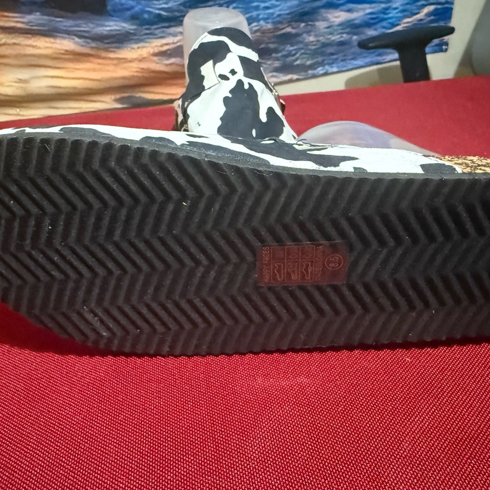 Women's Black and White Cow Print Sandals - Picture 4 of 5